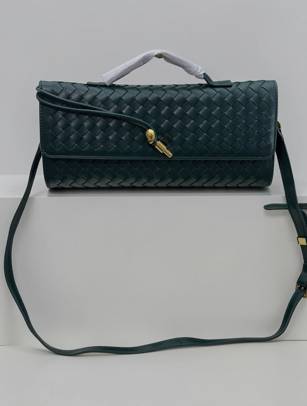 Woven Crossbody Bag — Forest Green | Designer-Inspired Clutch with Strap